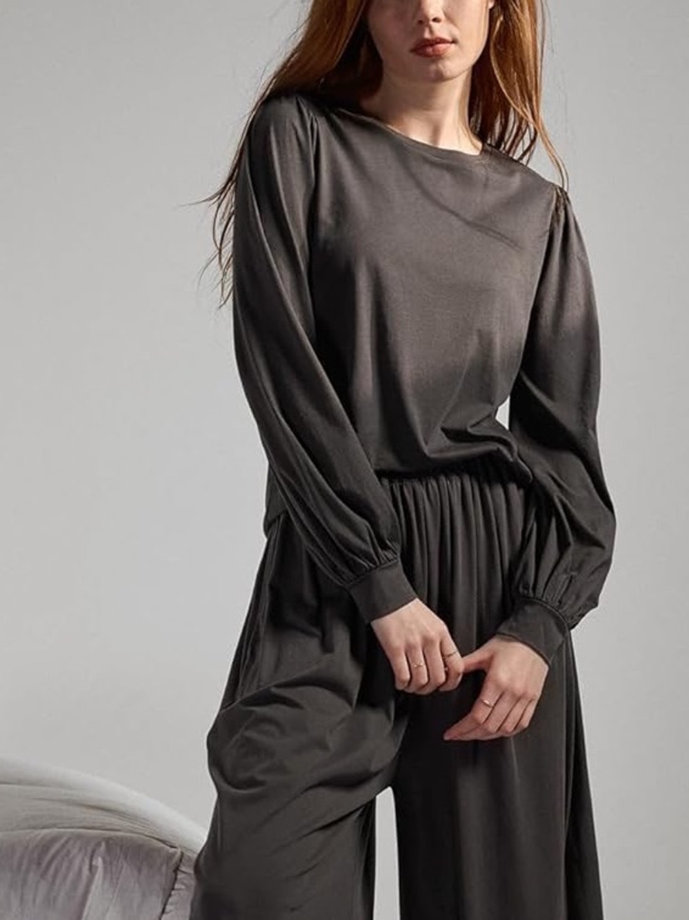 Lunya Pima Cotton Puff Shoulder Long Sleeve Knit Top Charcoal Gray Large Casual
